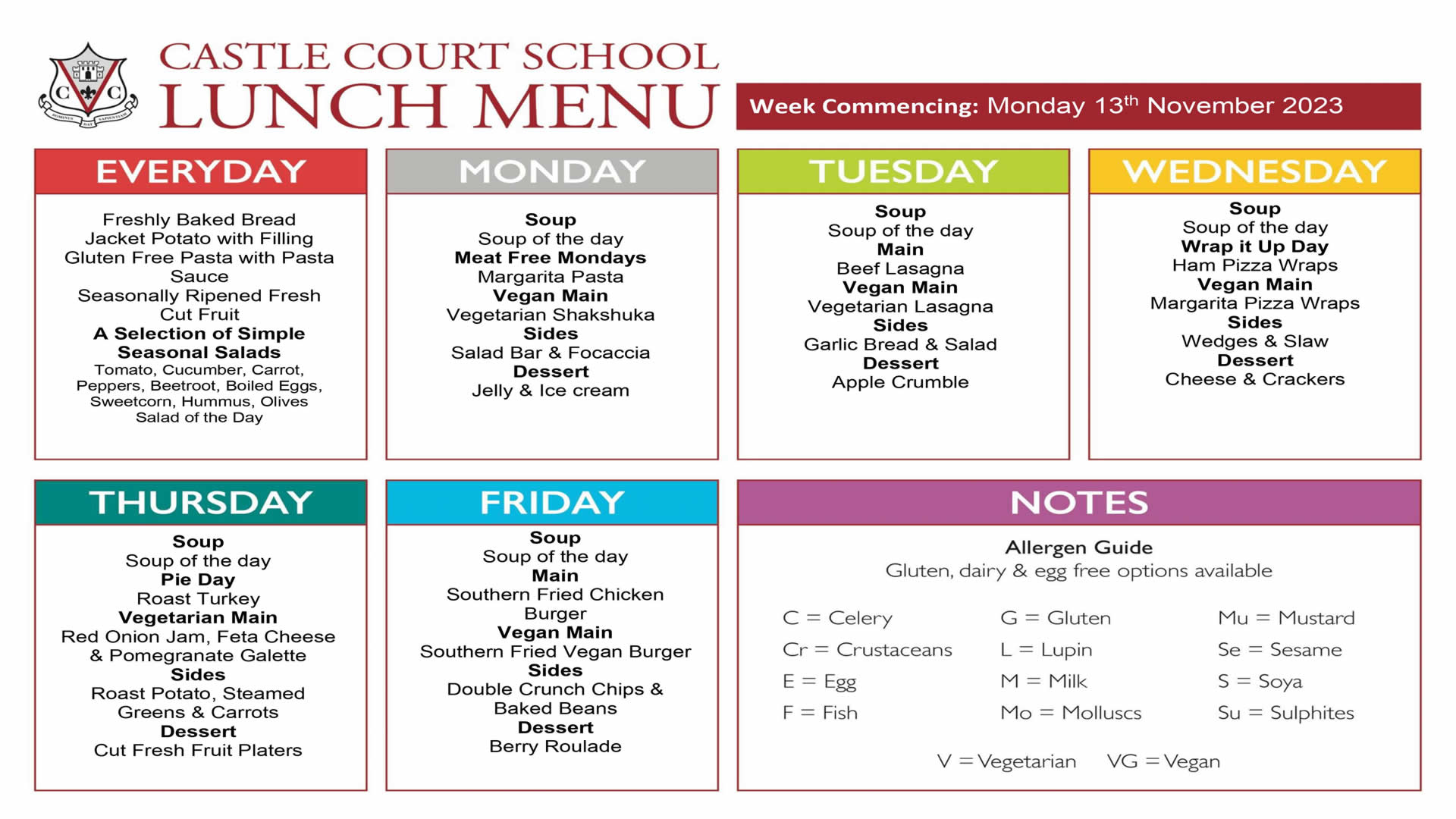 Lunch Menu Castle Court School